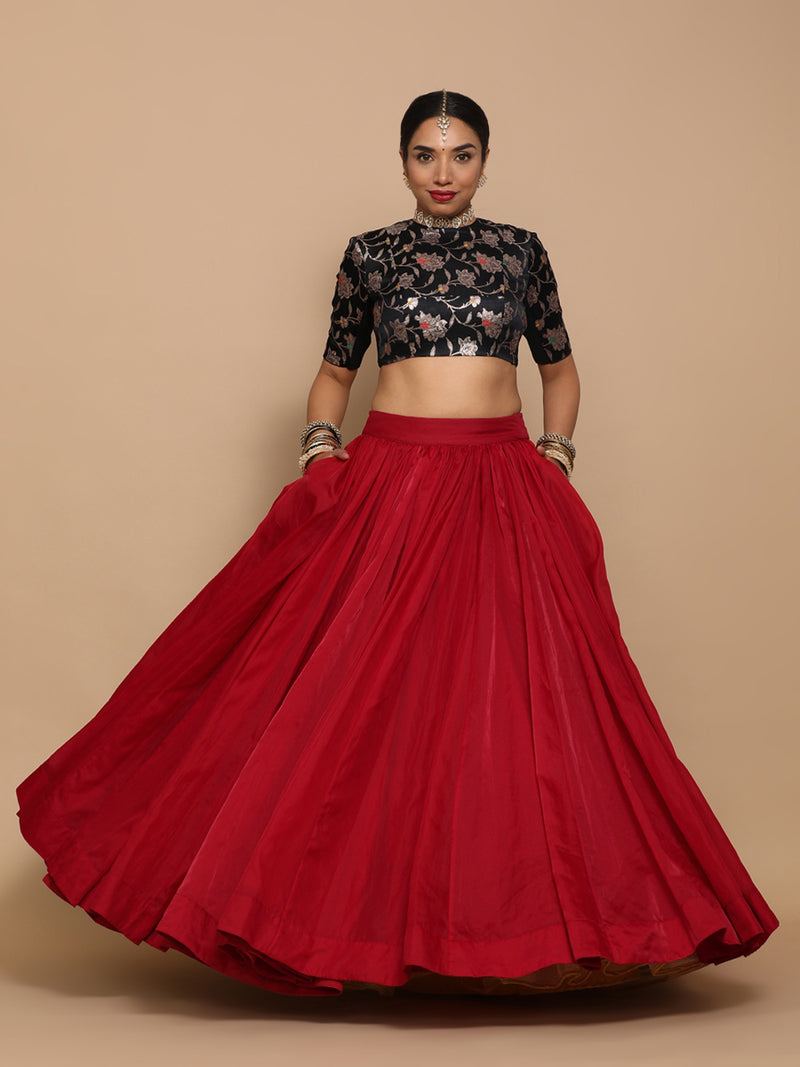 Kavi x Tyohaar | Elbow Sleeves Satin Viscose Saree Blouse in Black Meenakari Fabric-Binks