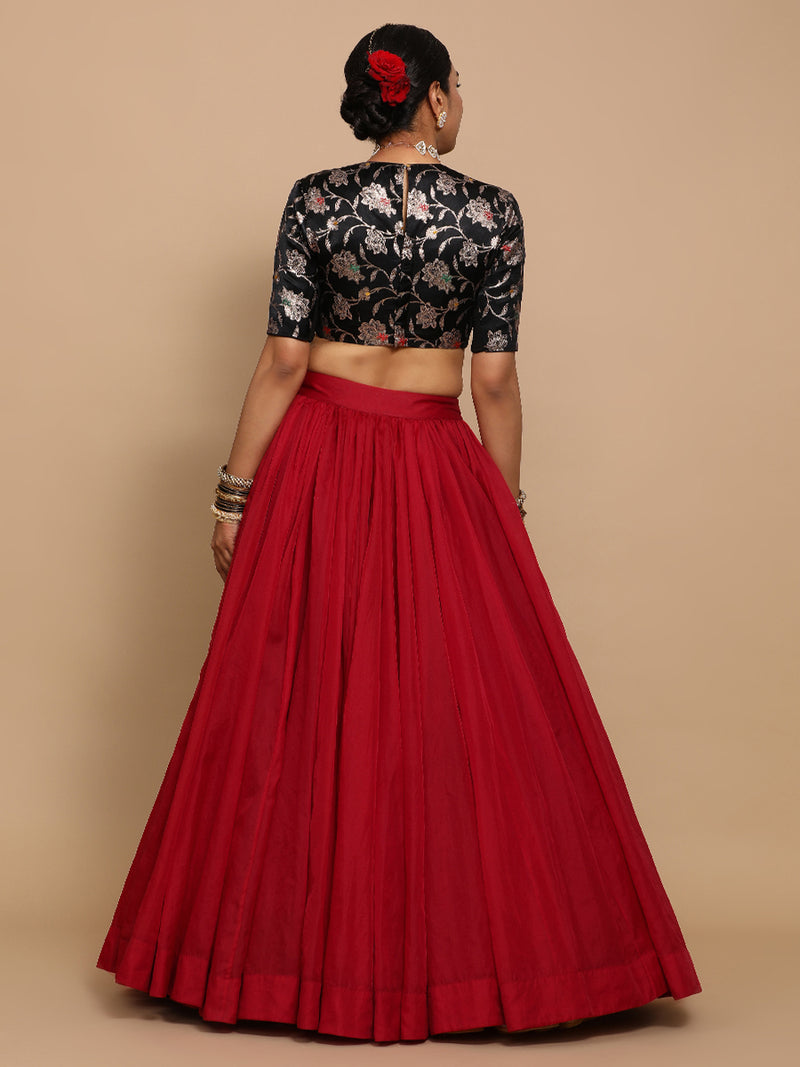 Kavi x Tyohaar | Elbow Sleeves Satin Viscose Saree Blouse in Black Meenakari Fabric-Binks