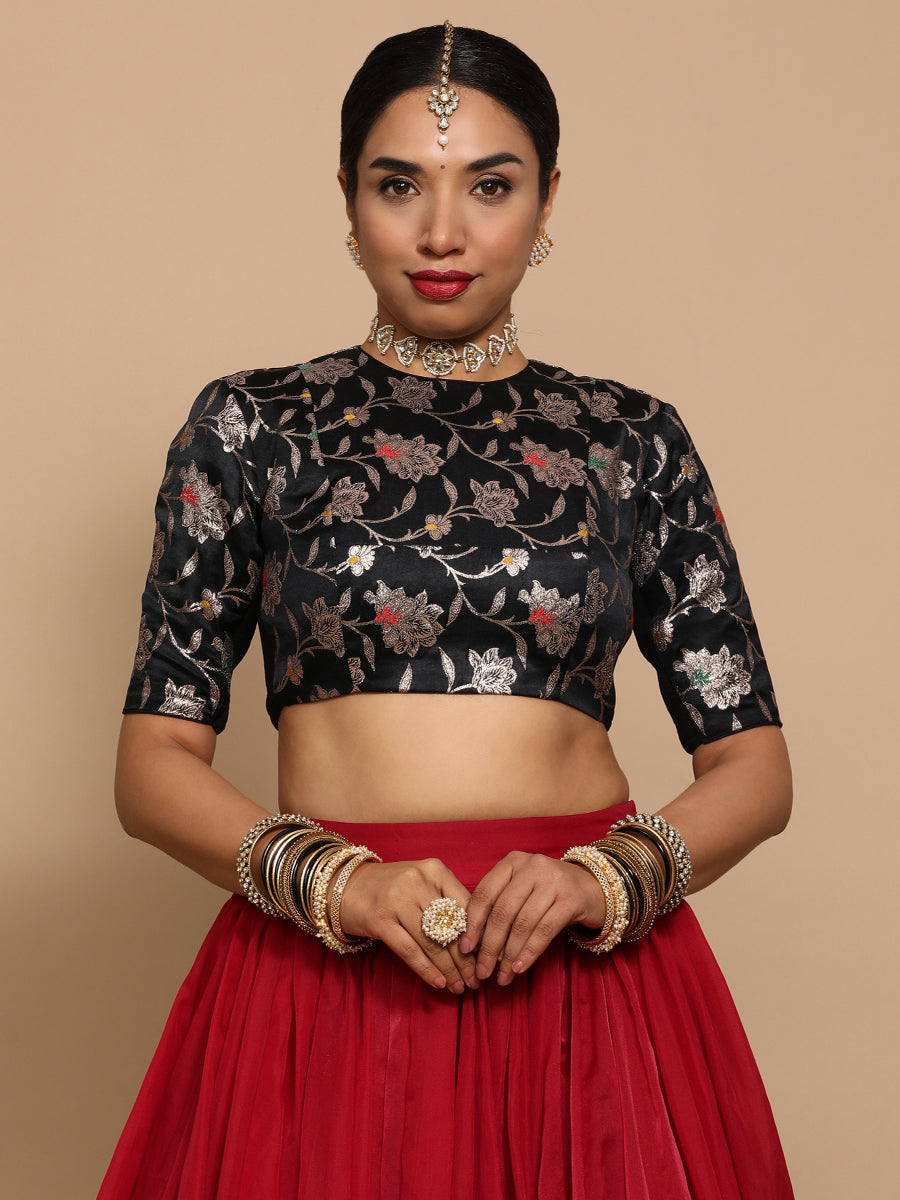 Kavi x Tyohaar Saree Blouse, in Black Embroidery & Brocade, featuring elbow sleeves and jewel neckline (view 8).