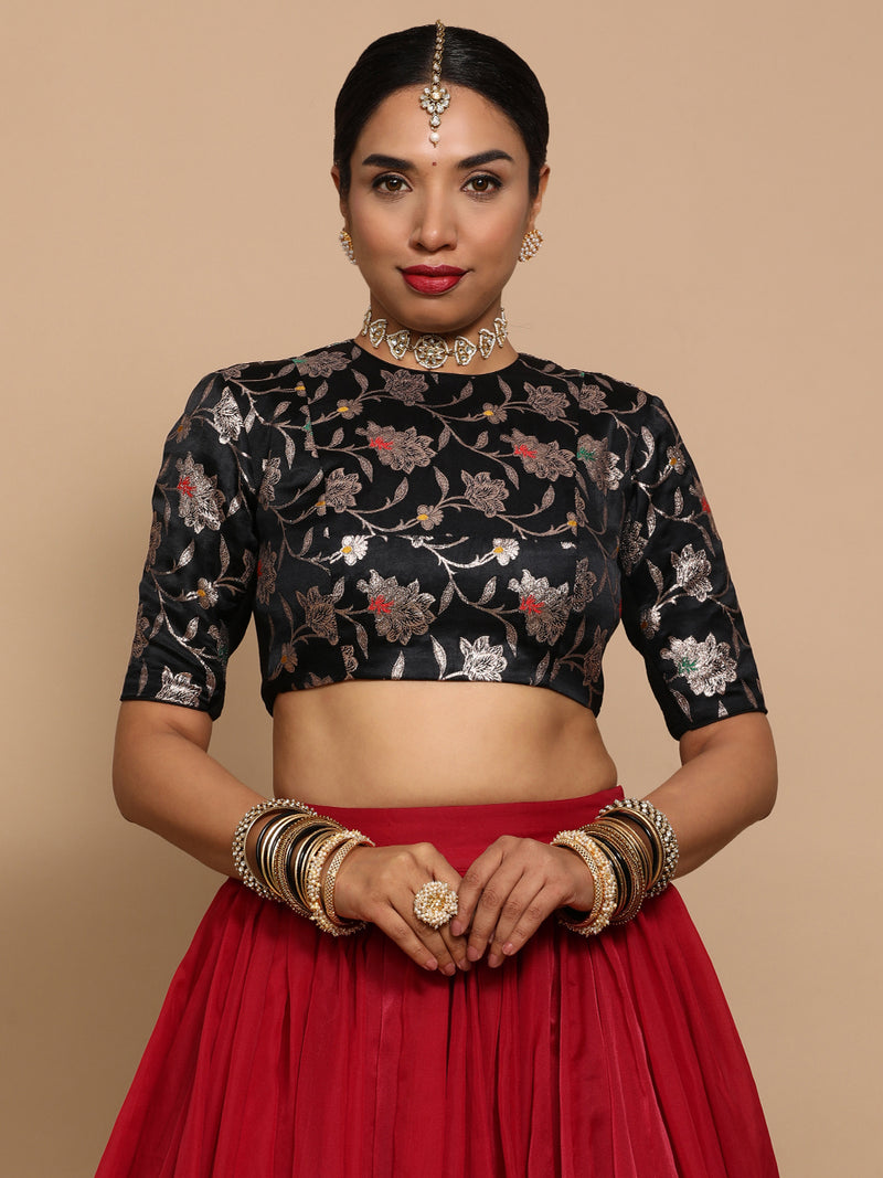 Kavi x Tyohaar | Elbow Sleeves Satin Viscose Saree Blouse in Black Meenakari Fabric-Binks