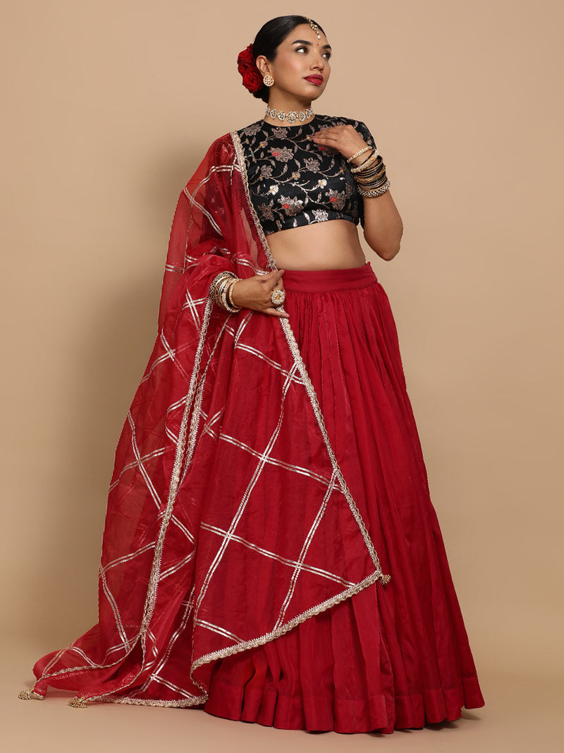 Kavi x Tyohaar | Elbow Sleeves Satin Viscose Saree Blouse in Black Meenakari Fabric-Binks