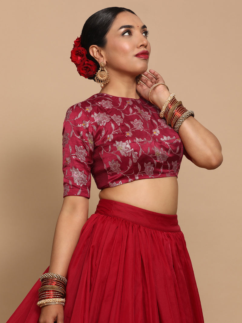 Kavi x Tyohaar | Elbow Sleeves Satin Viscose Saree Blouse in Red Meenakari Fabric-Binks
