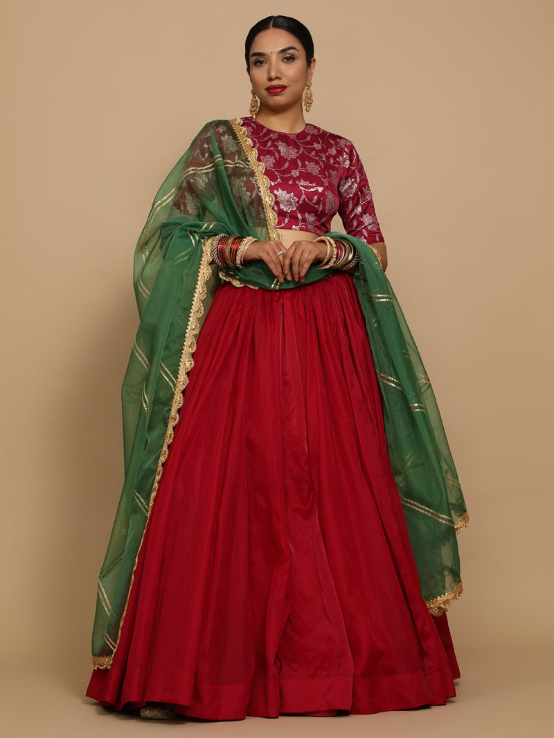 Kavi x Tyohaar | Elbow Sleeves Satin Viscose Saree Blouse in Red Meenakari Fabric-Binks