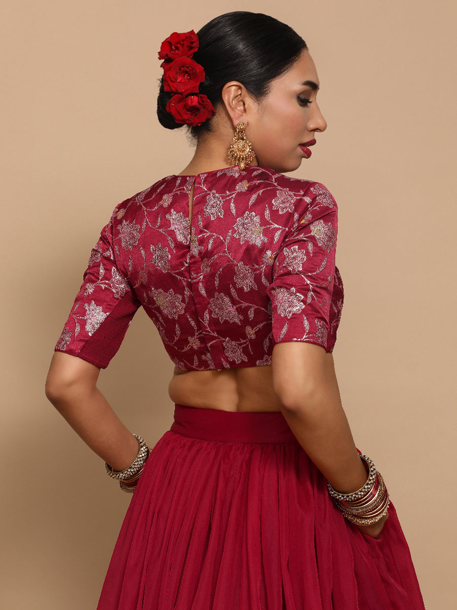 Kavi x Tyohaar Saree Blouse, in Red Embroidery & Brocade, featuring elbow sleeves and jewel neckline (view 2).