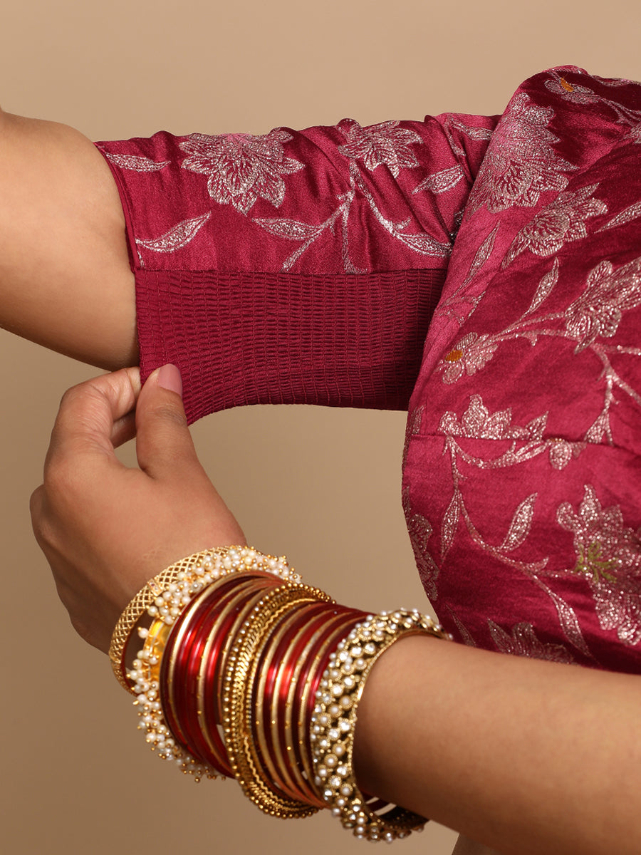 Kavi x Tyohaar Saree Blouse, in Red Embroidery & Brocade, featuring elbow sleeves and jewel neckline (view 4).