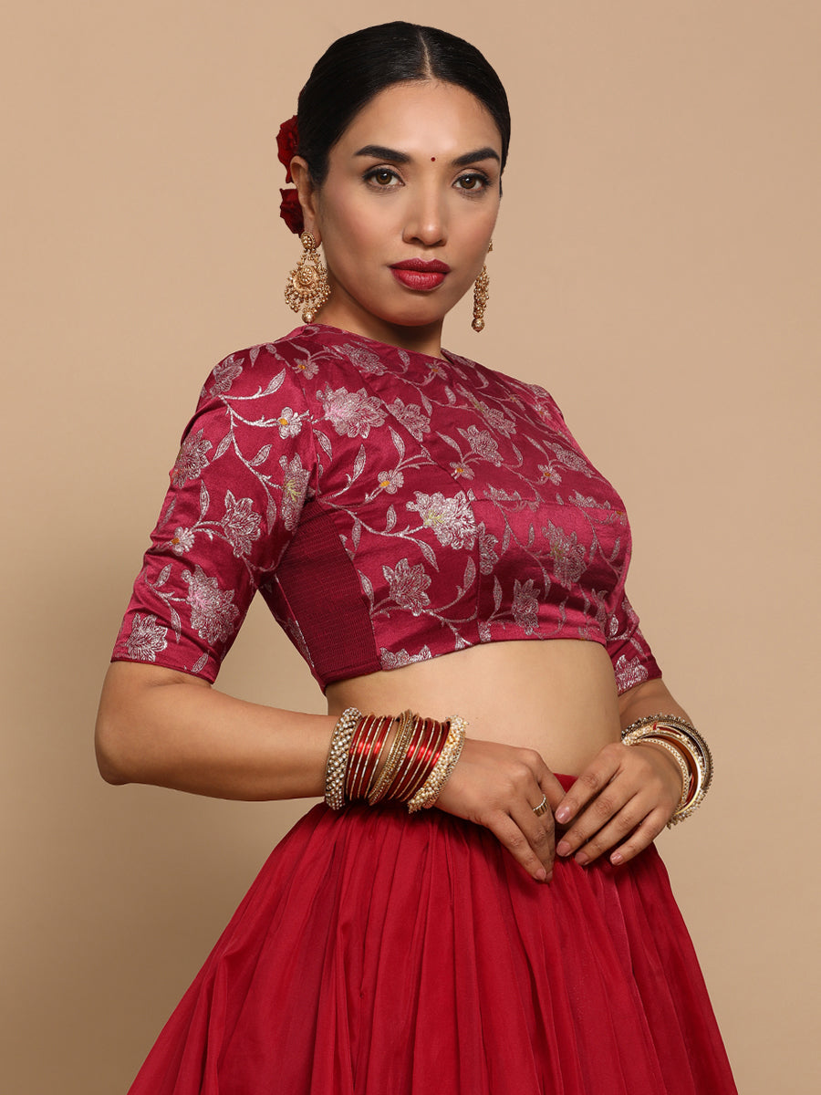 Kavi x Tyohaar Saree Blouse, in Red Embroidery & Brocade, featuring elbow sleeves and jewel neckline (view 8).