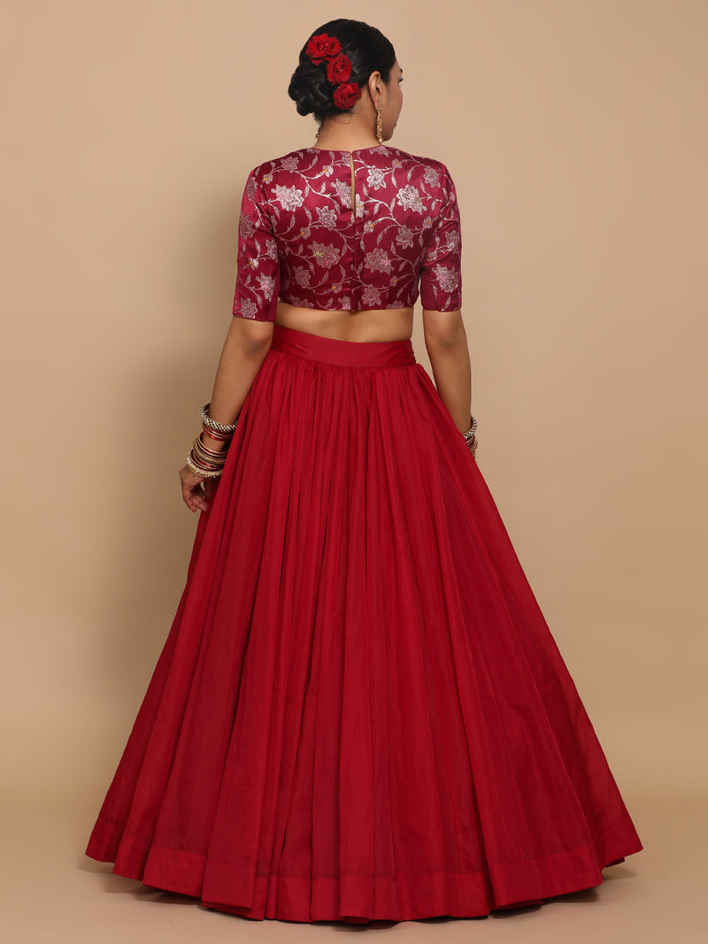 Kavi x Tyohaar | Elbow Sleeves Satin Viscose Saree Blouse in Red Meenakari Fabric-Binks