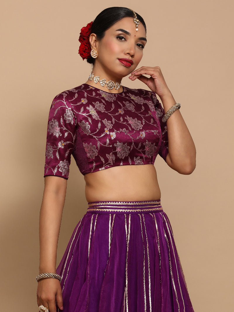 Kavi x Tyohaar | Elbow Sleeves Satin Viscose Saree Blouse in Violet Meenakari Fabric-Binks
