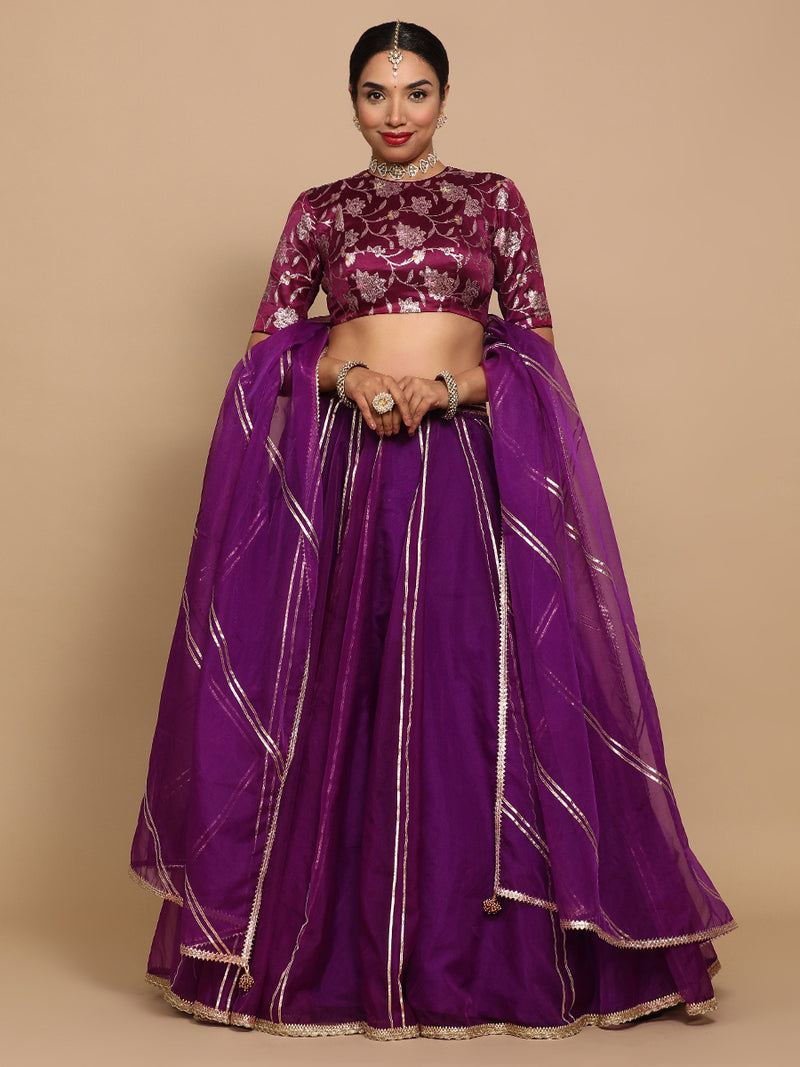 Kavi x Tyohaar | Elbow Sleeves Satin Viscose Saree Blouse in Violet Meenakari Fabric-Binks