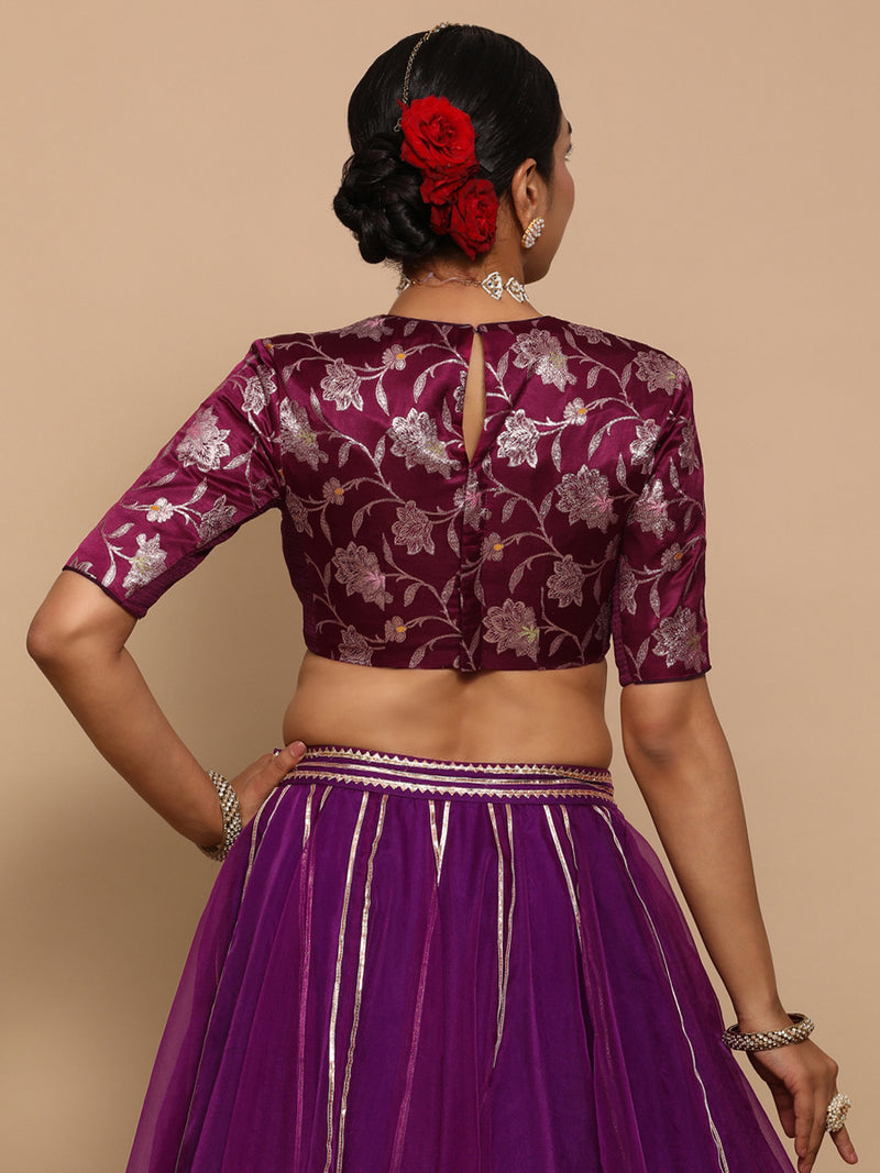Kavi x Tyohaar | Elbow Sleeves Satin Viscose Saree Blouse in Violet Meenakari Fabric-Binks