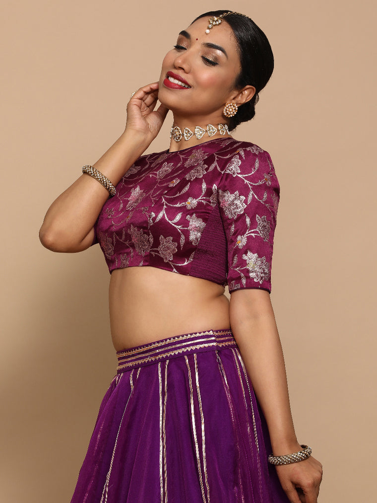 Kavi x Tyohaar Saree Blouse, in Purple Embroidery & Brocade, featuring elbow sleeves and jewel neckline (view 3).