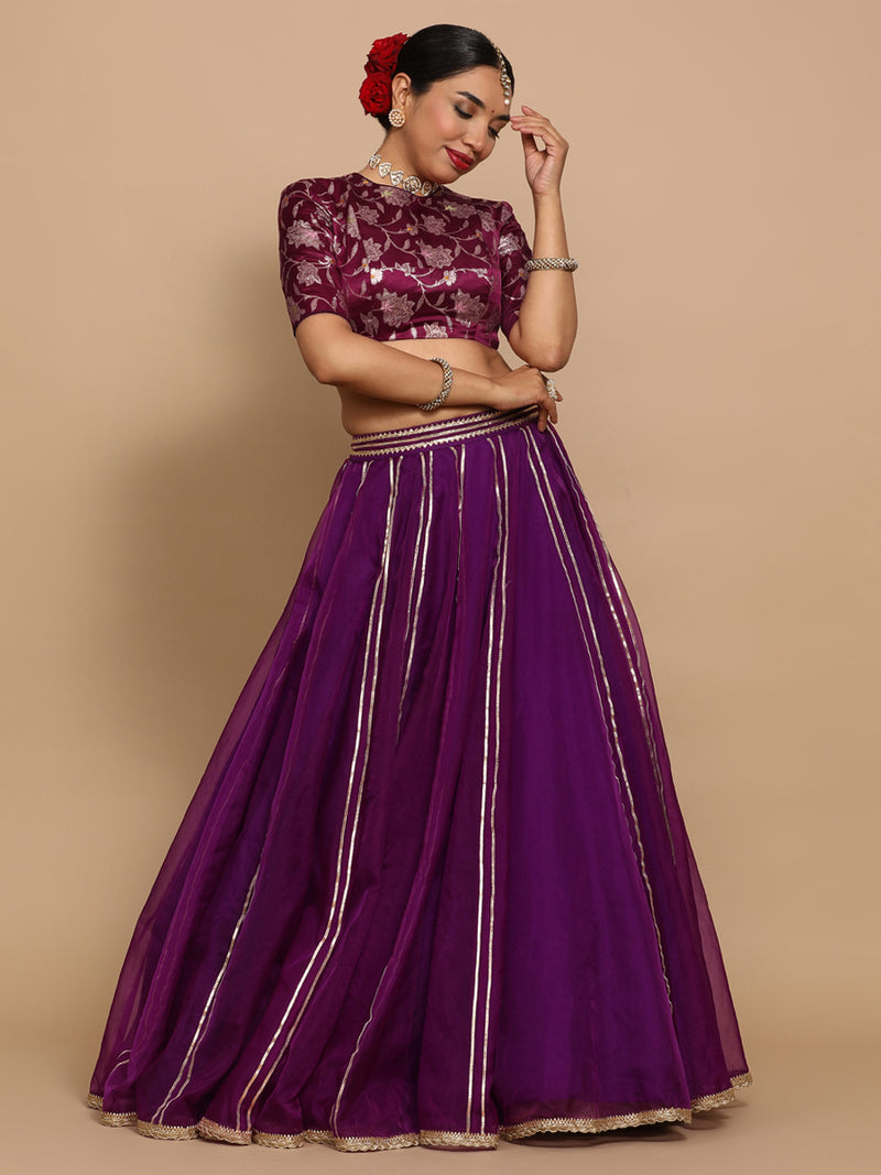 Kavi x Tyohaar | Elbow Sleeves Satin Viscose Saree Blouse in Violet Meenakari Fabric-Binks