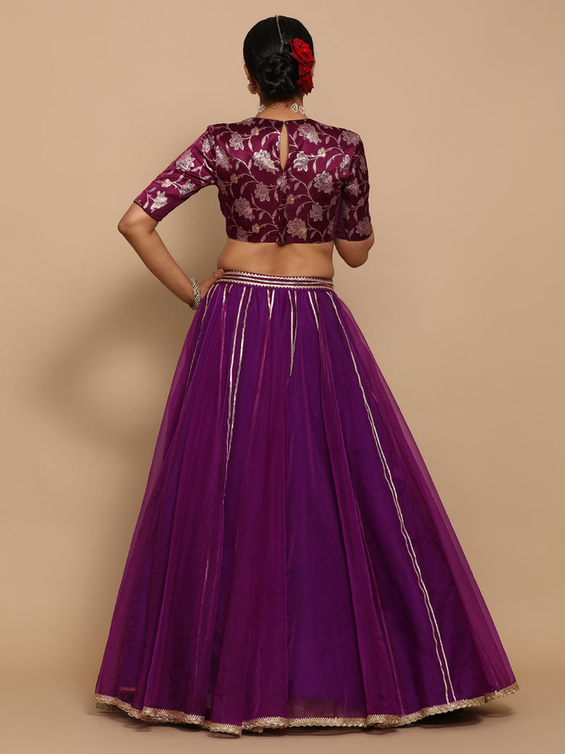 Kavi x Tyohaar | Elbow Sleeves Satin Viscose Saree Blouse in Violet Meenakari Fabric-Binks
