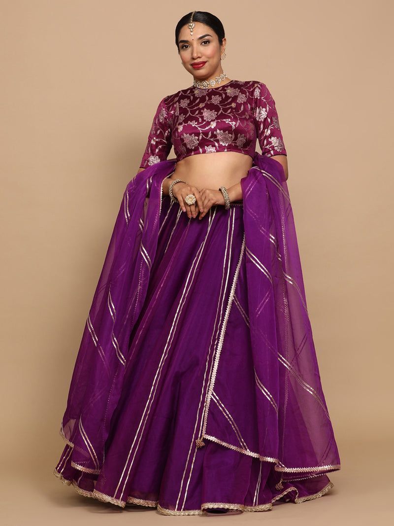 Kavi x Tyohaar | Elbow Sleeves Satin Viscose Saree Blouse in Violet Meenakari Fabric-Binks