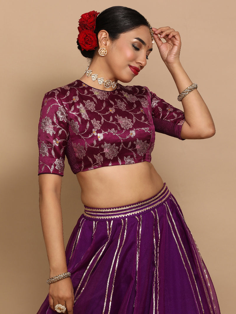 Kavi x Tyohaar | Elbow Sleeves Satin Viscose Saree Blouse in Violet Meenakari Fabric-Binks