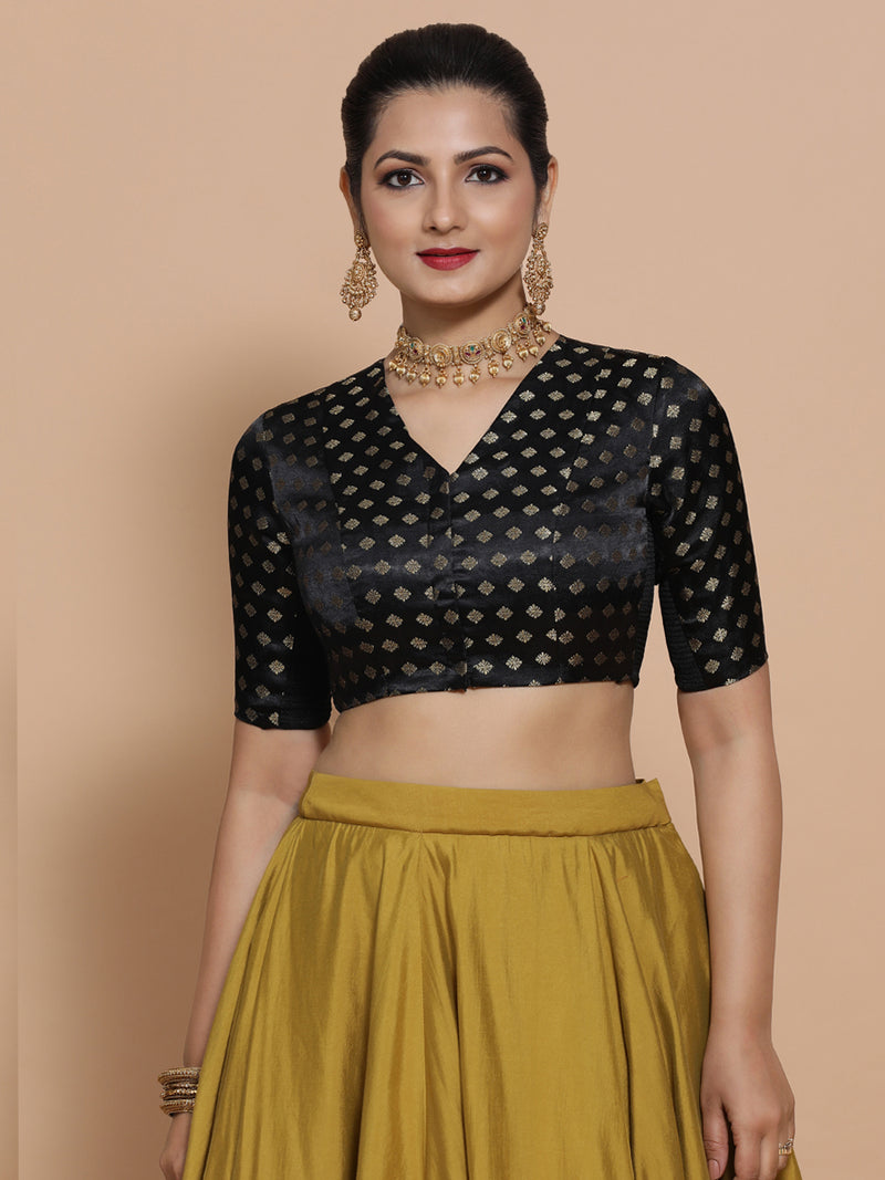 Kaya x Tyohaar | Elbow Sleeves Satin Viscose Saree Blouse in Black Butta Fabric-Binks