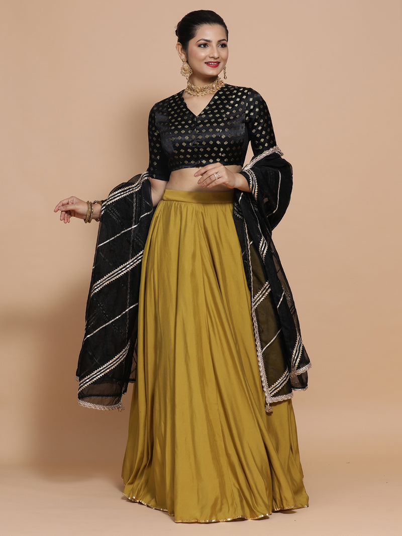 Kaya x Tyohaar | Elbow Sleeves Satin Viscose Saree Blouse in Black Butta Fabric-Binks