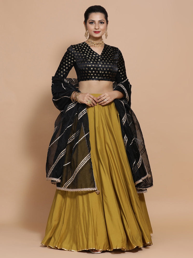 Kaya x Tyohaar | Elbow Sleeves Satin Viscose Saree Blouse in Black Butta Fabric-Binks