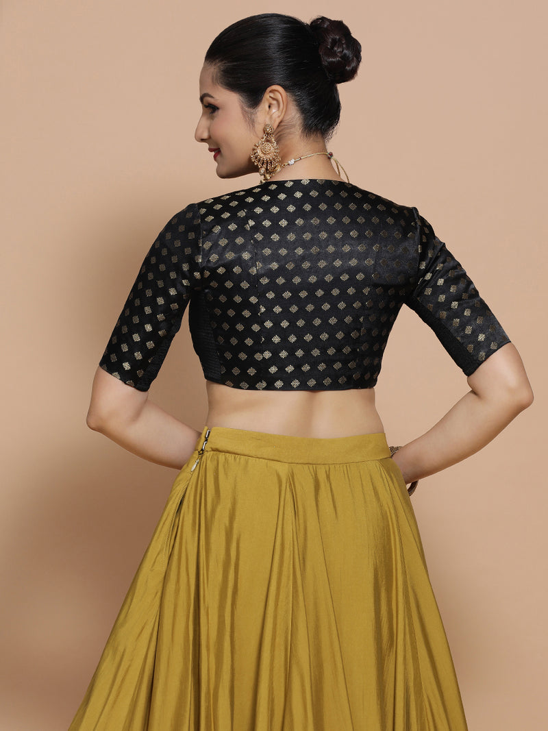 Kaya x Tyohaar | Elbow Sleeves Satin Viscose Saree Blouse in Black Butta Fabric-Binks
