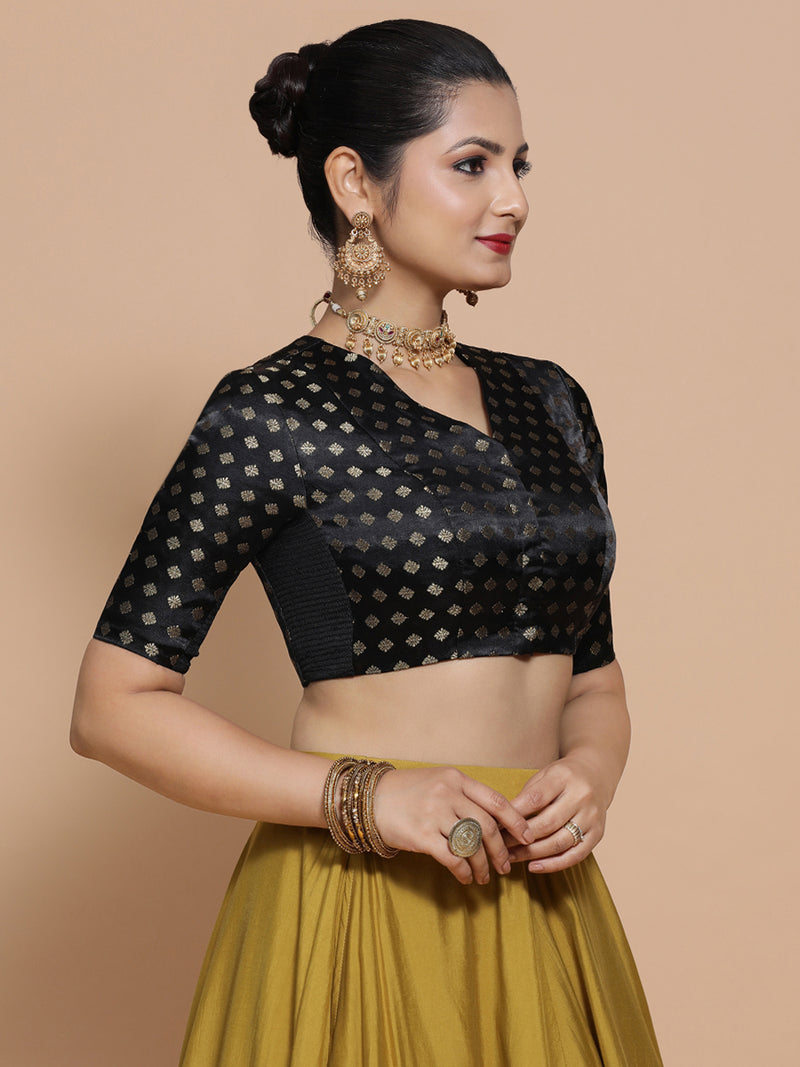 Kaya x Tyohaar | Elbow Sleeves Satin Viscose Saree Blouse in Black Butta Fabric-Binks
