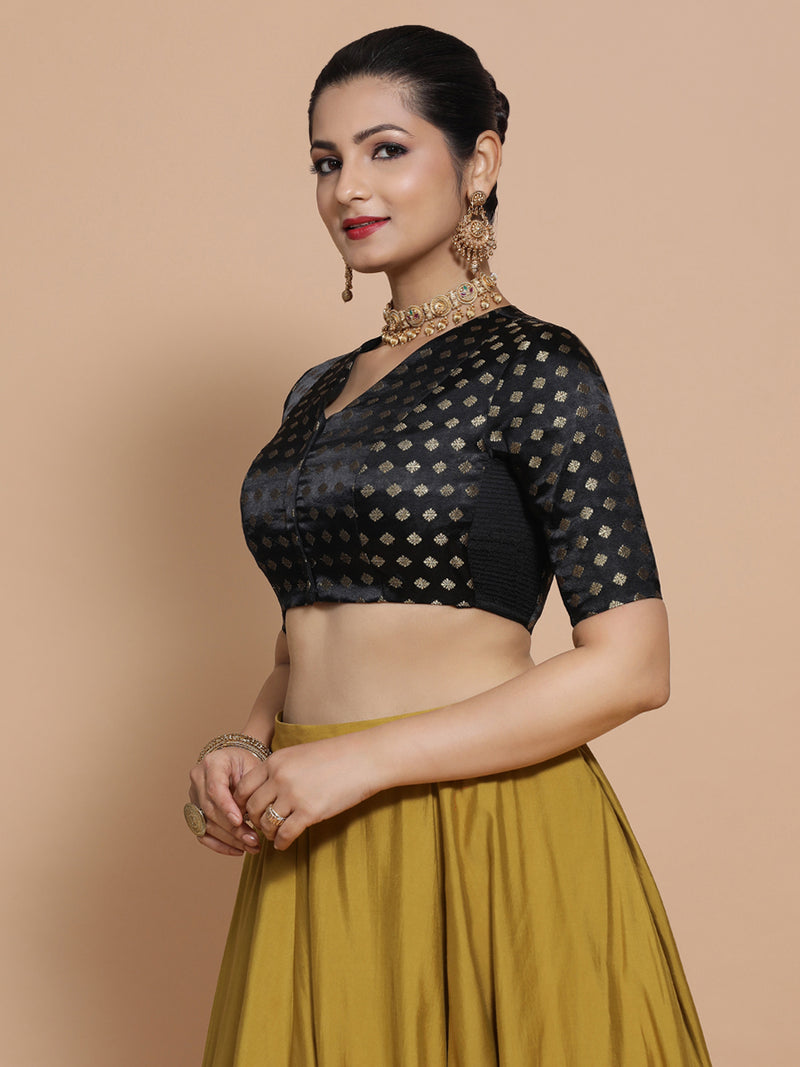 Kaya x Tyohaar | Elbow Sleeves Satin Viscose Saree Blouse in Black Butta Fabric-Binks