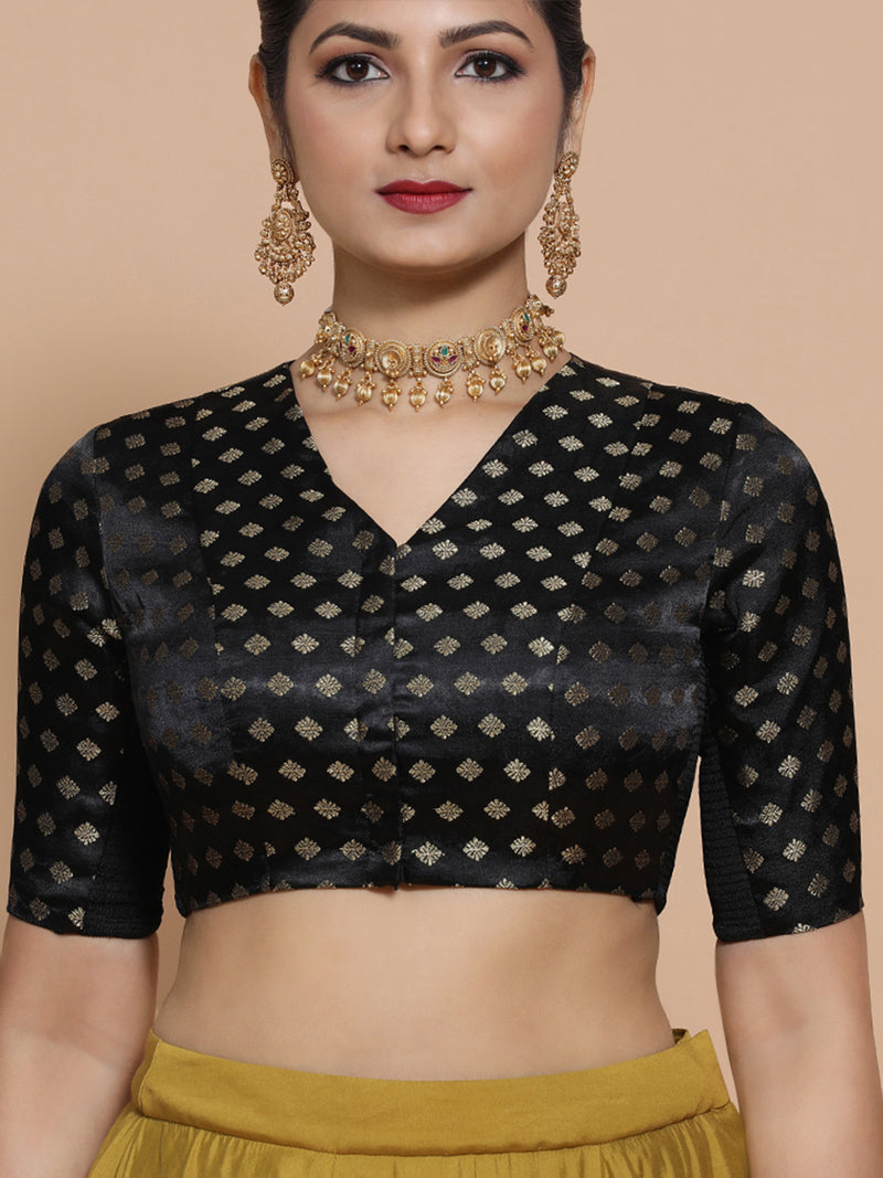 Kaya x Tyohaar | Elbow Sleeves Satin Viscose Saree Blouse in Black Butta Fabric-Binks