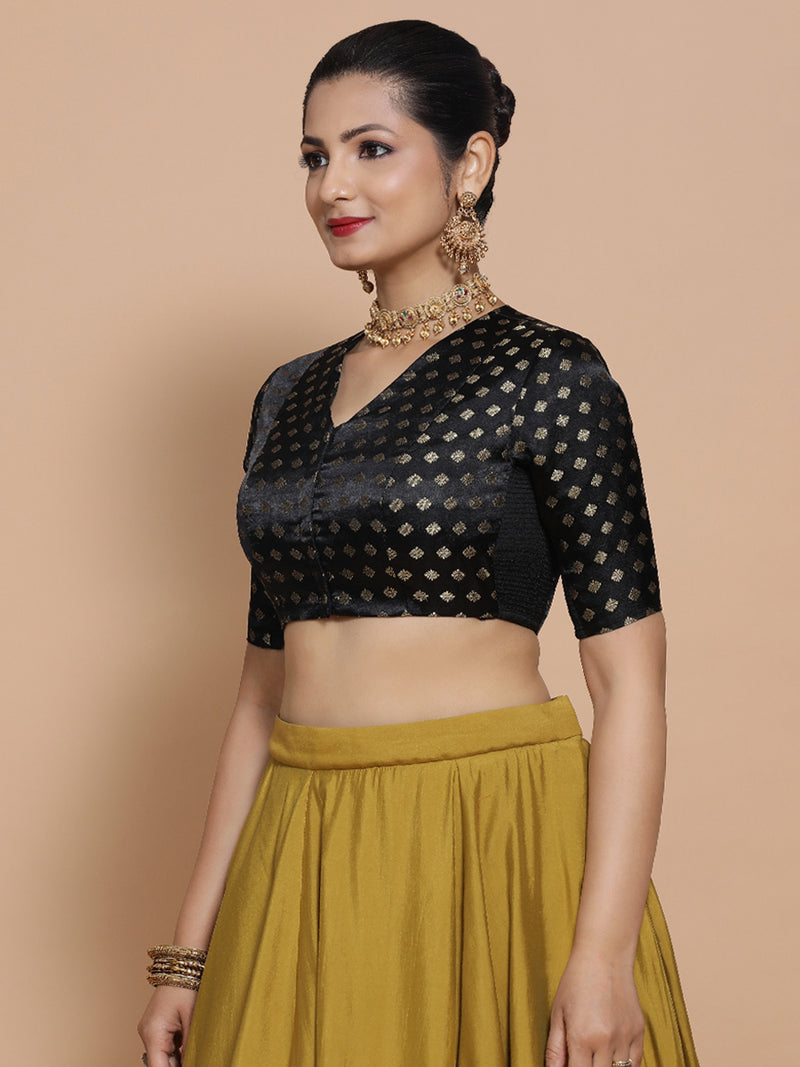Kaya x Tyohaar | Elbow Sleeves Satin Viscose Saree Blouse in Black Butta Fabric-Binks