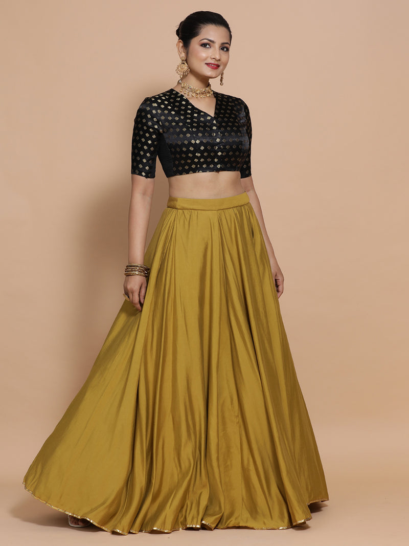 Kaya x Tyohaar | Elbow Sleeves Satin Viscose Saree Blouse in Black Butta Fabric-Binks