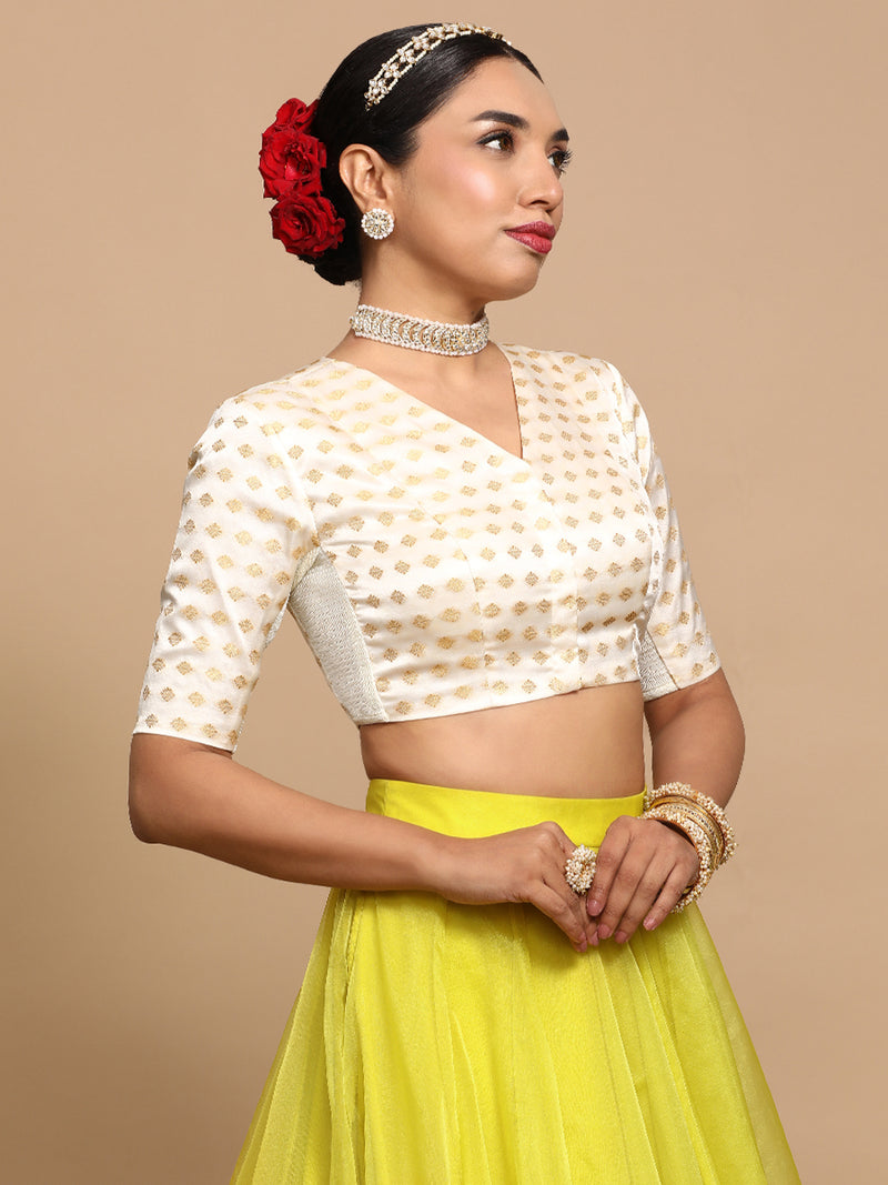 Kaya x Tyohaar | Elbow Sleeves Satin Viscose Saree Blouse in Cream Butta Fabric-Binks