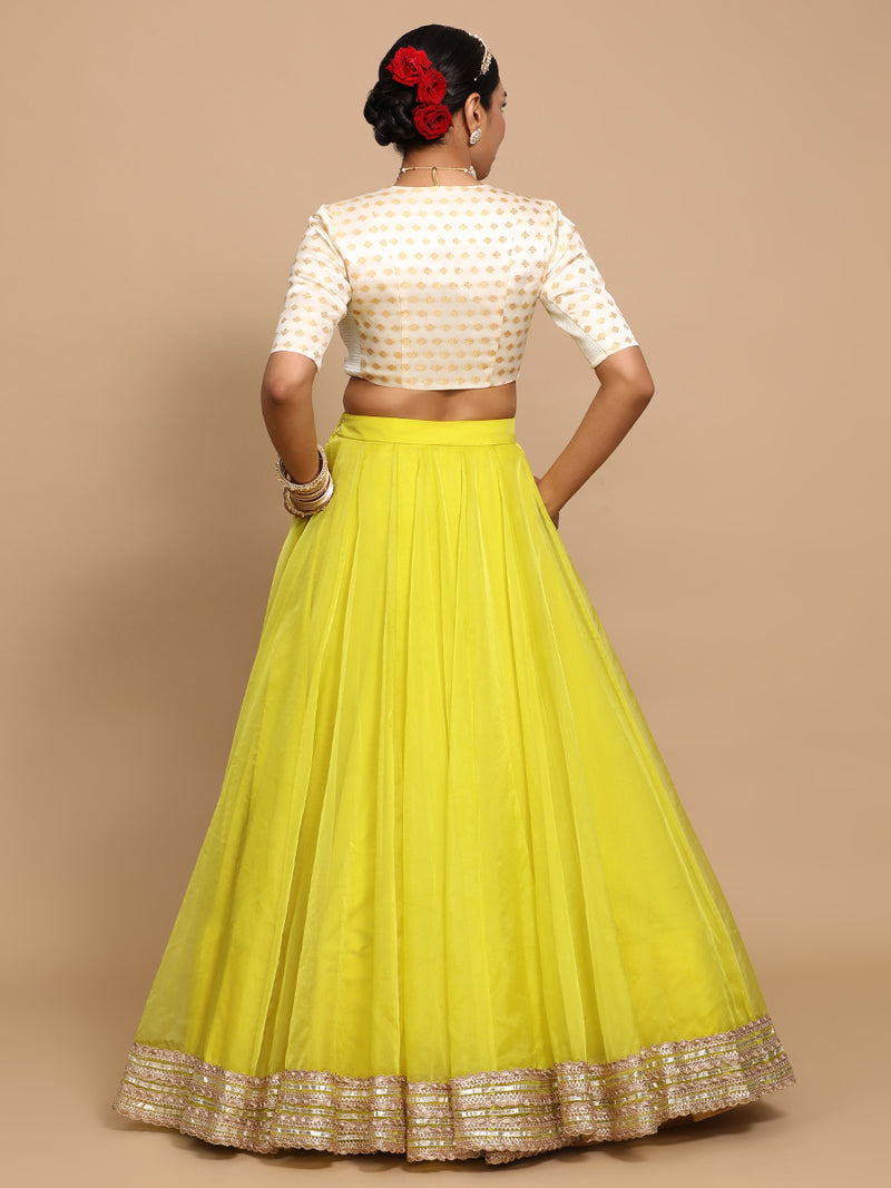 Kaya x Tyohaar | Elbow Sleeves Satin Viscose Saree Blouse in Cream Butta Fabric-Binks