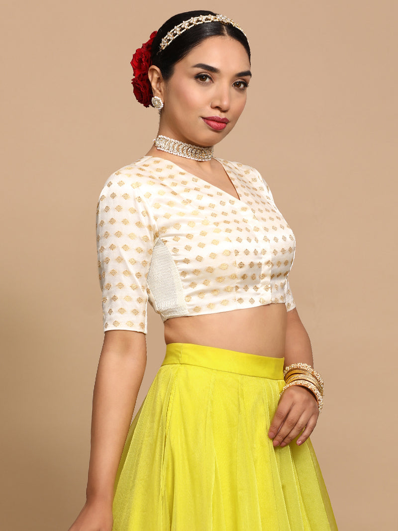 Kaya x Tyohaar | Elbow Sleeves Satin Viscose Saree Blouse in Cream Butta Fabric-Binks