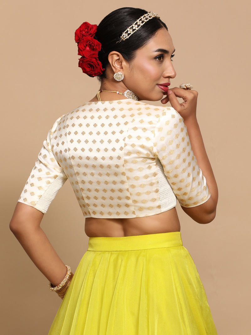 Kaya x Tyohaar | Elbow Sleeves Satin Viscose Saree Blouse in Cream Butta Fabric-Binks