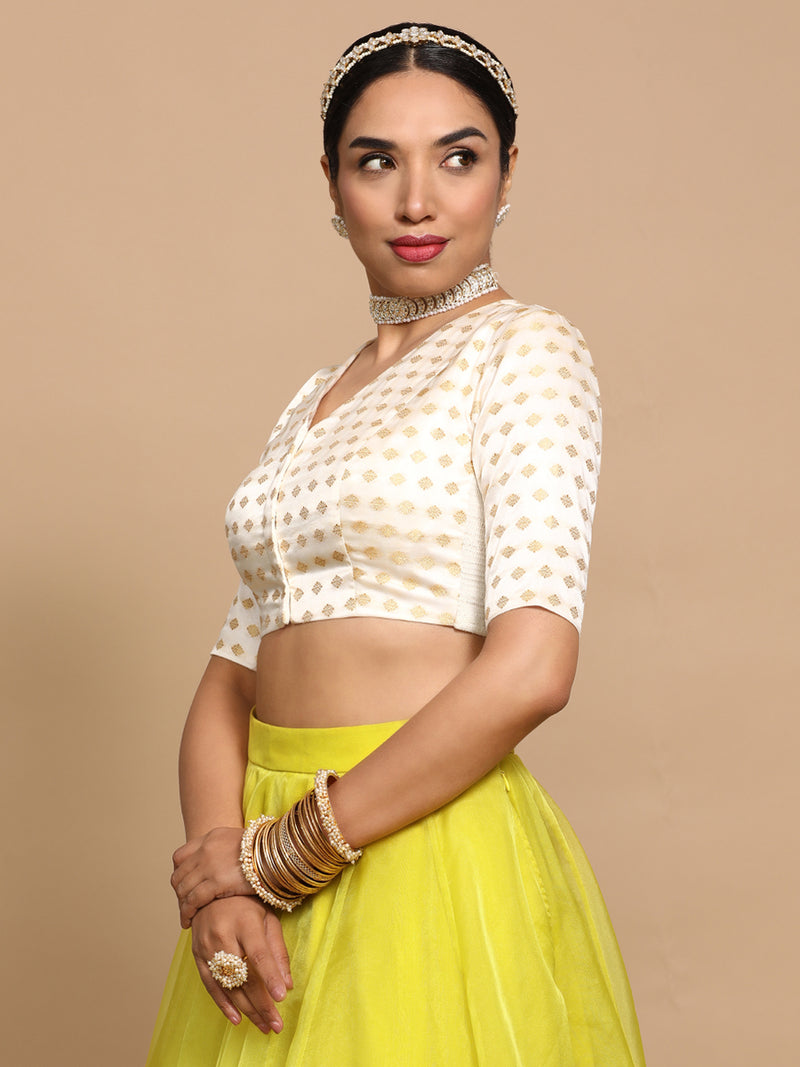 Kaya x Tyohaar | Elbow Sleeves Satin Viscose Saree Blouse in Cream Butta Fabric-Binks