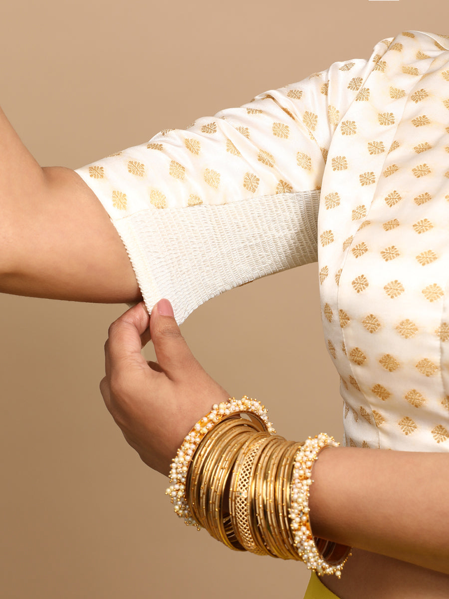 Kaya x Tyohaar Saree Blouse, in Cream Embroidery & Brocade, featuring elbow sleeves and v-neckline, made for party & festive.