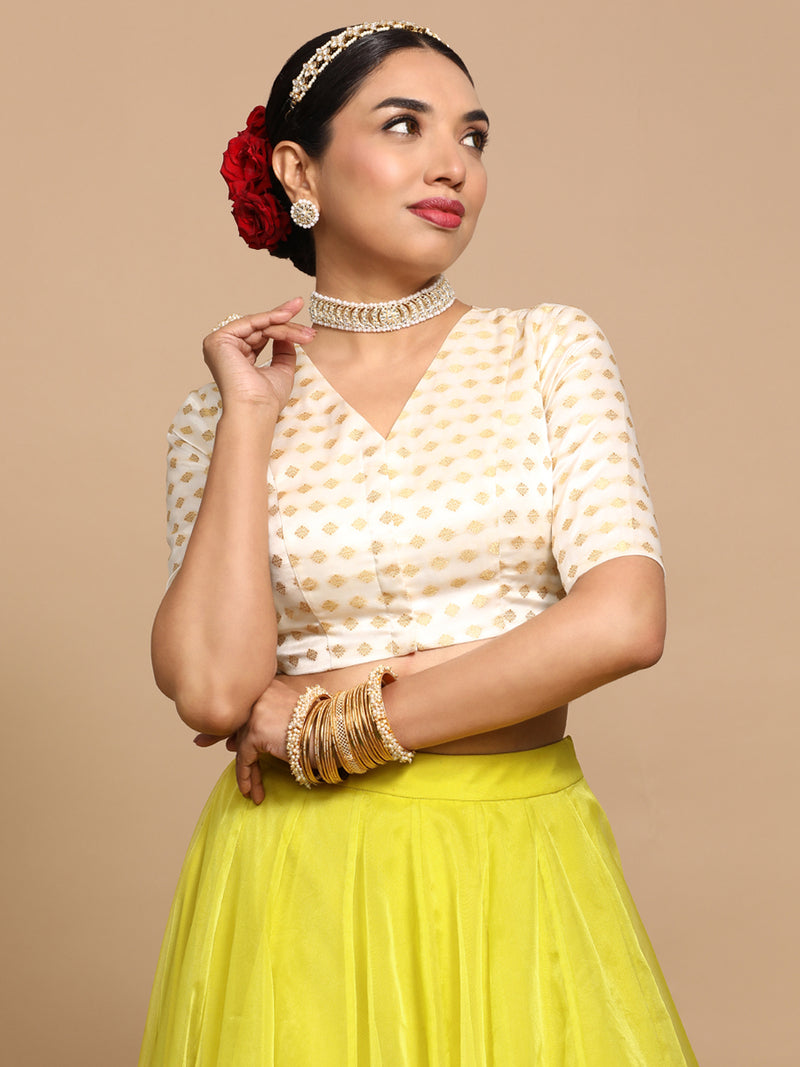 Kaya x Tyohaar | Elbow Sleeves Satin Viscose Saree Blouse in Cream Butta Fabric-Binks