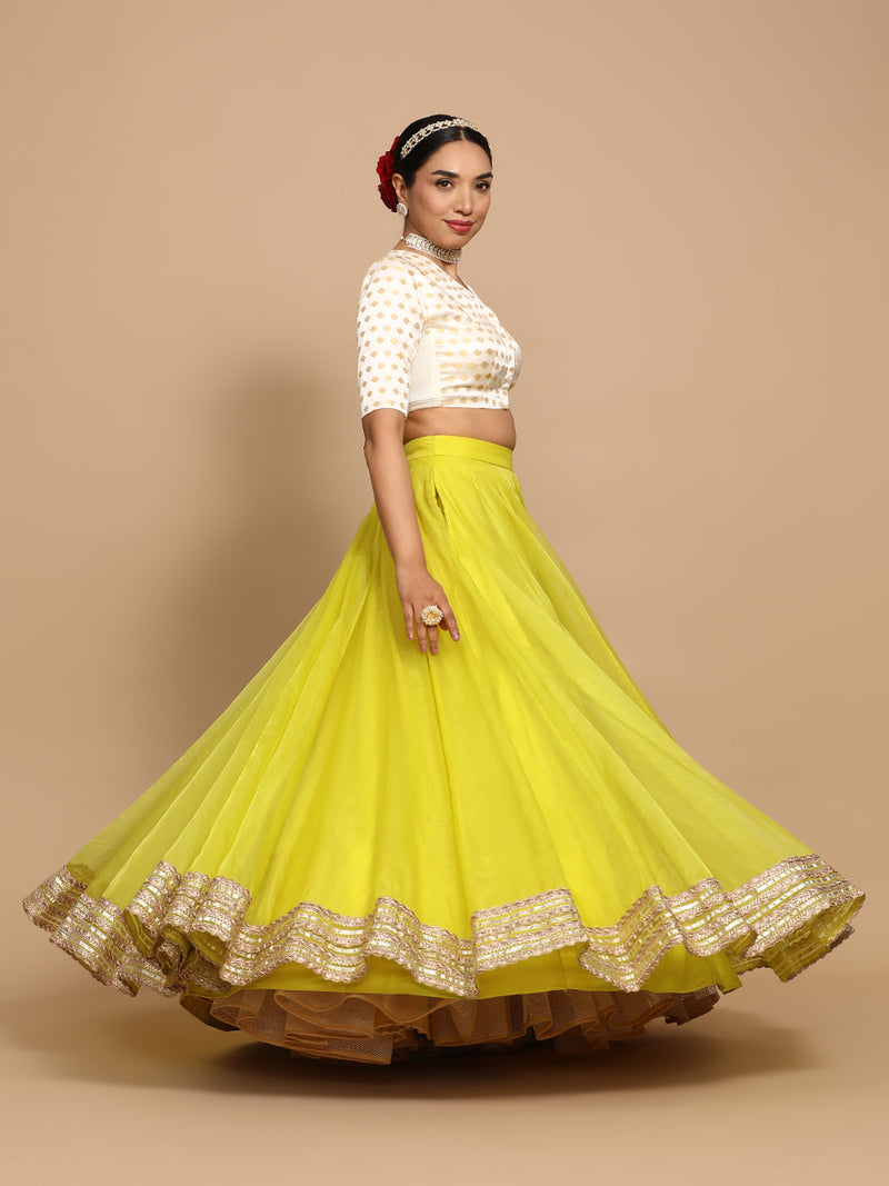 Kaya x Tyohaar | Elbow Sleeves Satin Viscose Saree Blouse in Cream Butta Fabric-Binks