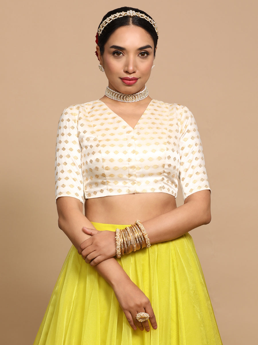 Kaya x Tyohaar Saree Blouse, in Cream Embroidery & Brocade, featuring elbow sleeves and v-neckline, made for party & festive.