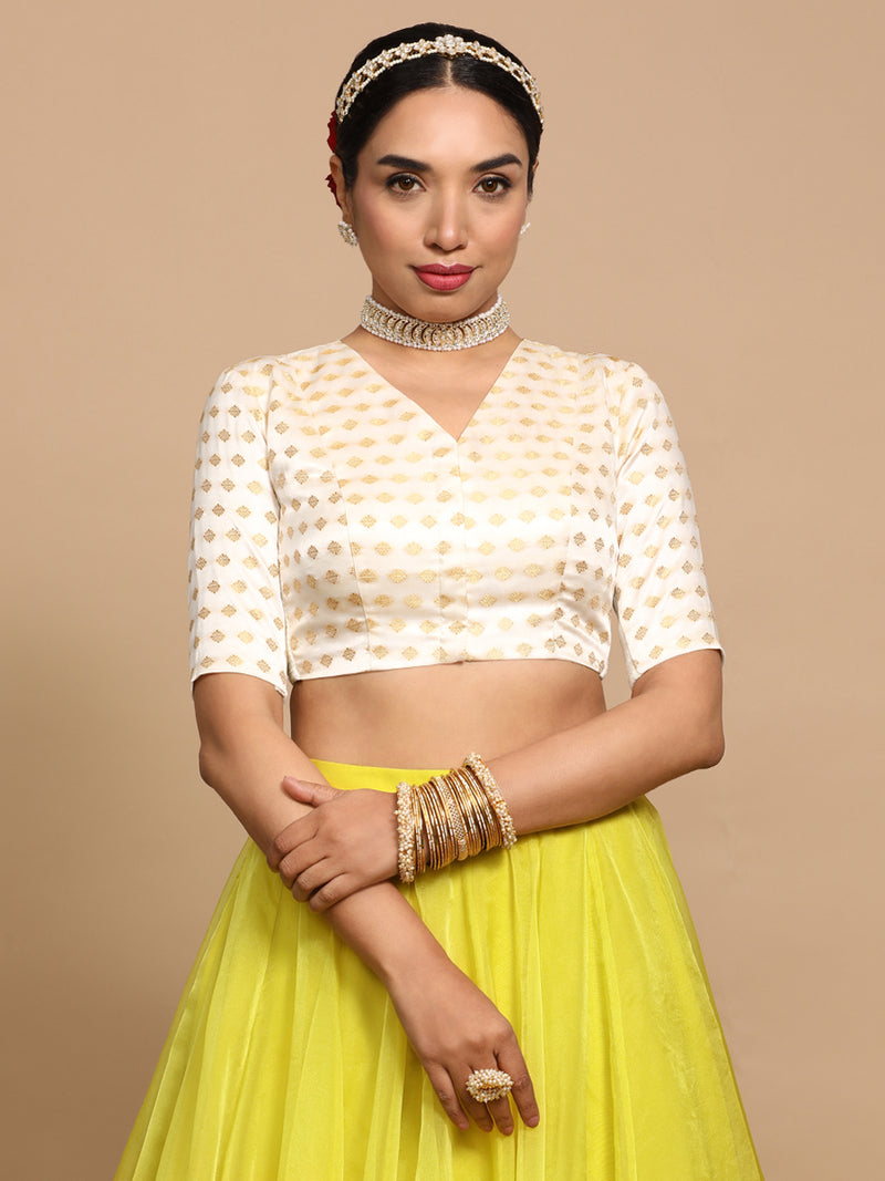 Kaya x Tyohaar | Elbow Sleeves Satin Viscose Saree Blouse in Cream Butta Fabric-Binks