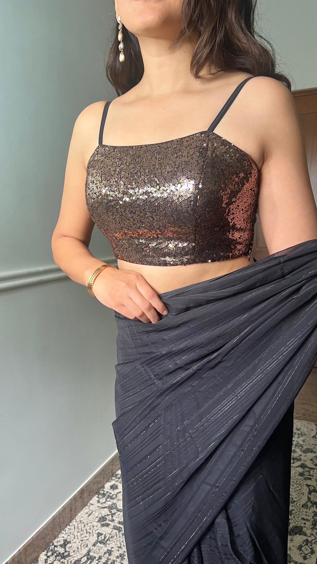Kesha x Tyohaar Saree Blouse, in Gold Sequin, featuring sleeveless, made for party & festive (view 2).
