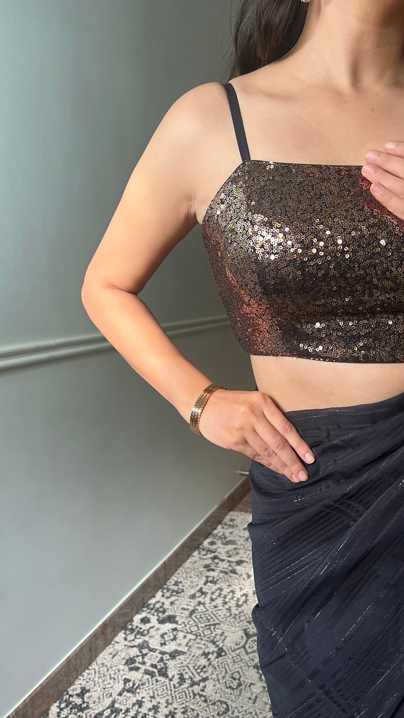 Kesha x Tyohaar | Sleeveless Strappy Gold Sequined Shimmer Saree Blouse-Binks