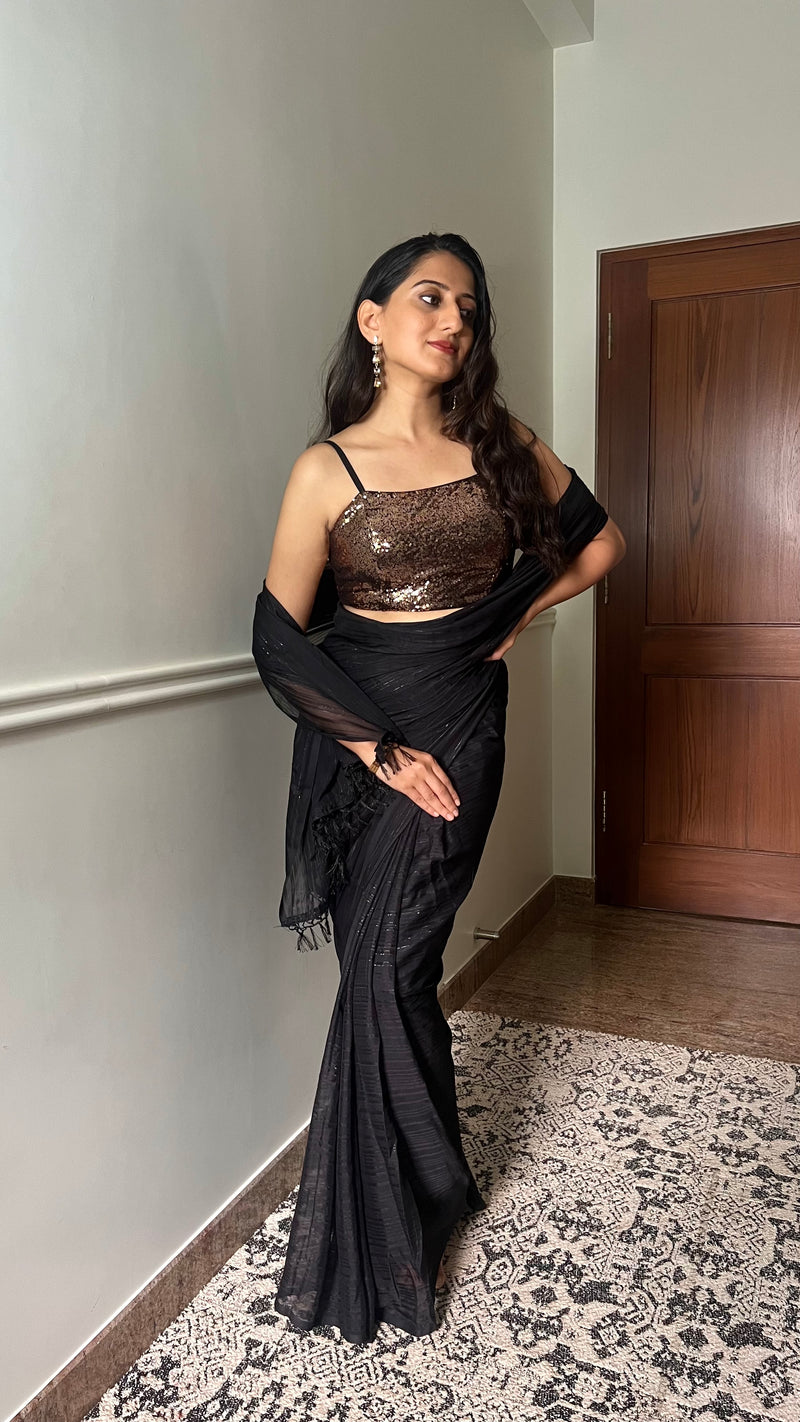 Kesha x Tyohaar | Sleeveless Strappy Gold Sequined Shimmer Saree Blouse-Binks