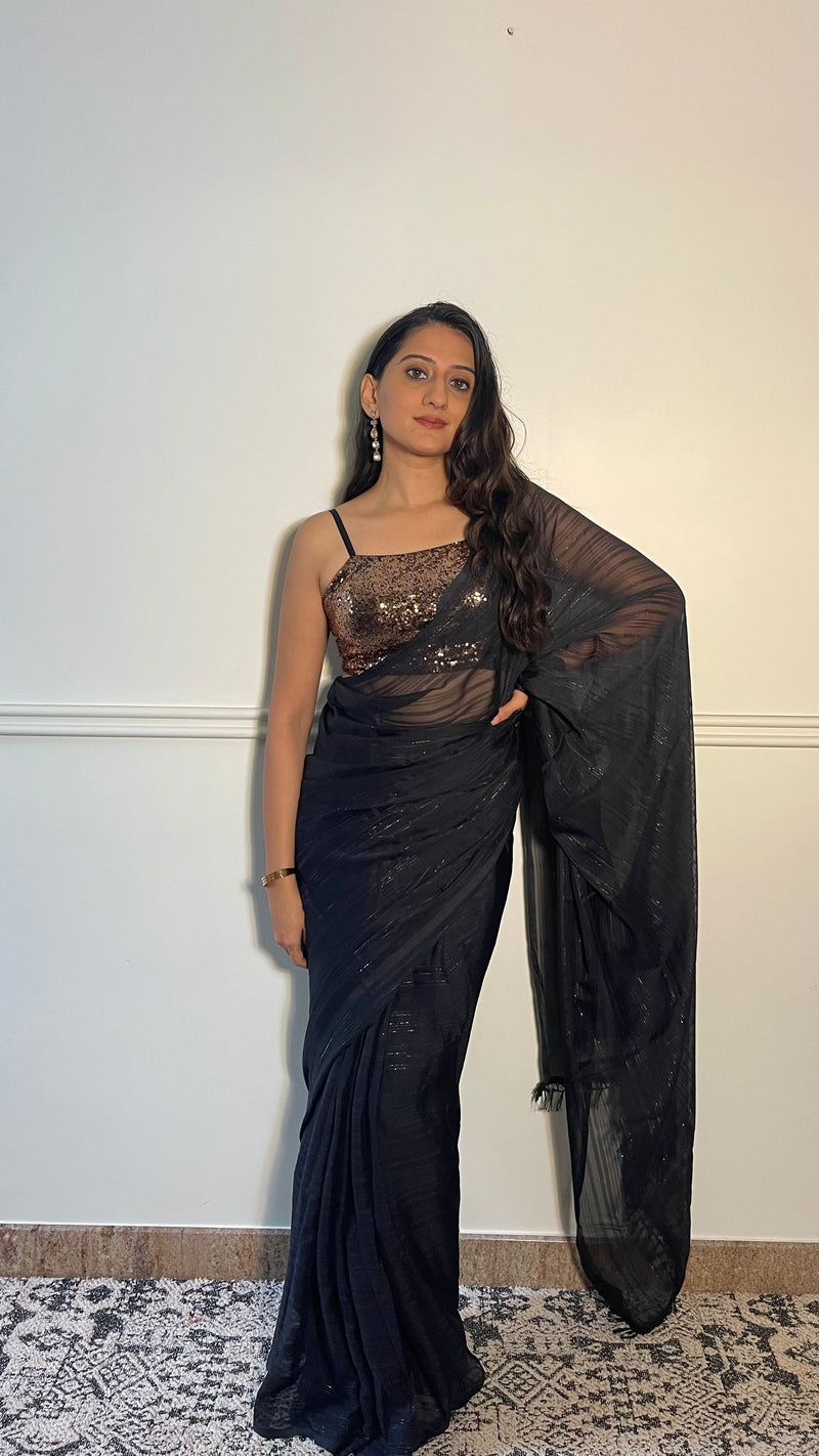 Kesha x Tyohaar | Sleeveless Strappy Gold Sequined Shimmer Saree Blouse-Binks