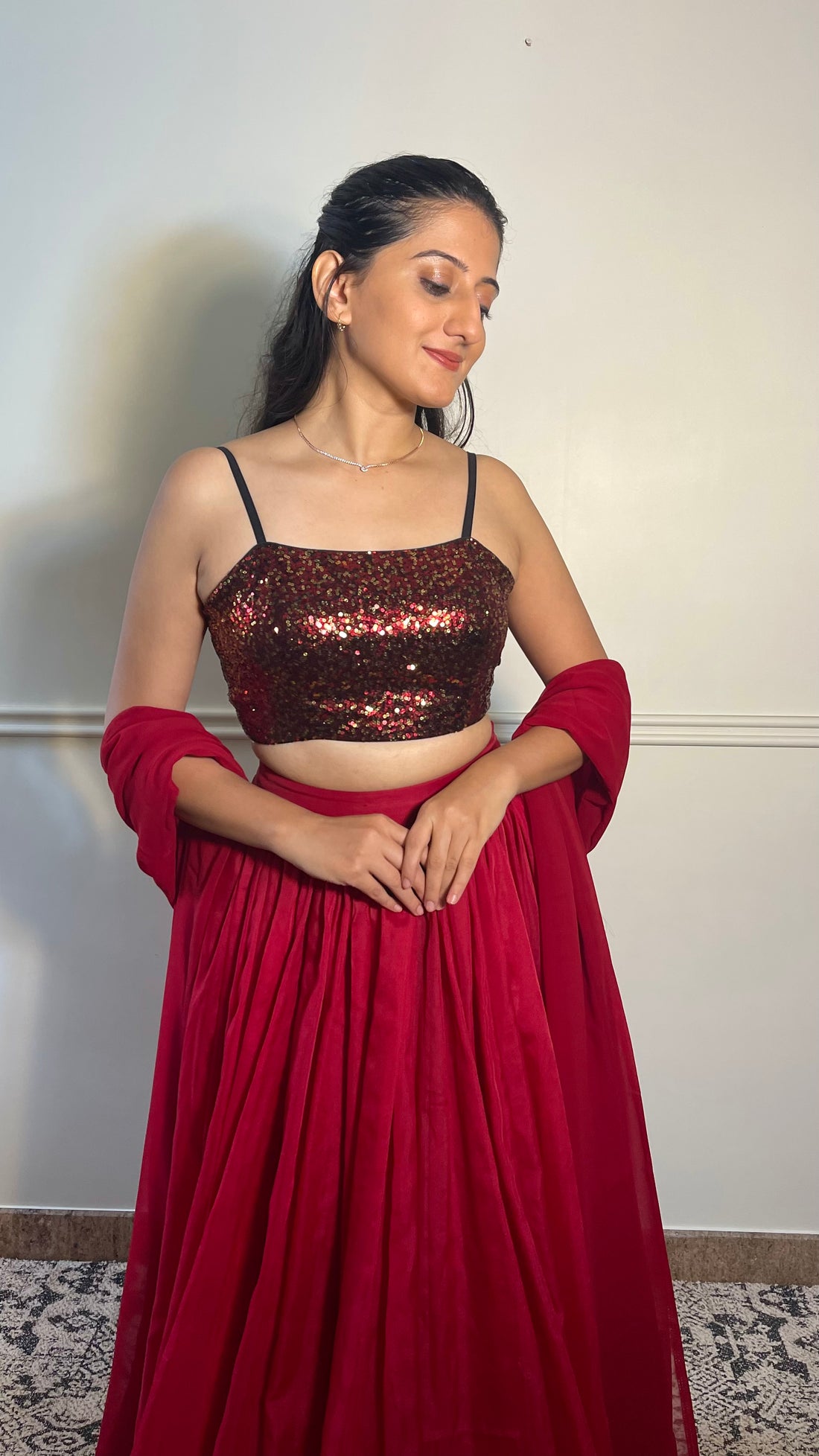 Kesha x Tyohaar Saree Blouse, in Red Sequin, featuring sleeveless, made for party & festive (view 3).