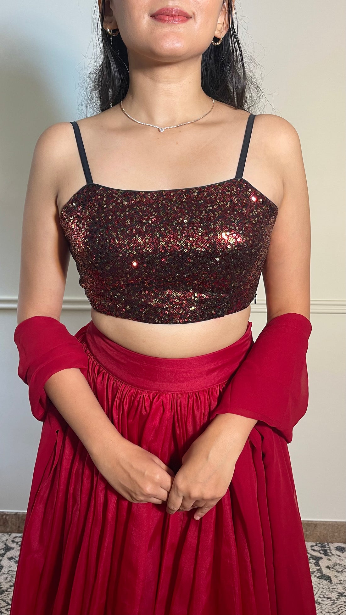 Kesha x Tyohaar Saree Blouse, in Red Sequin, featuring sleeveless, made for party & festive (view 4).