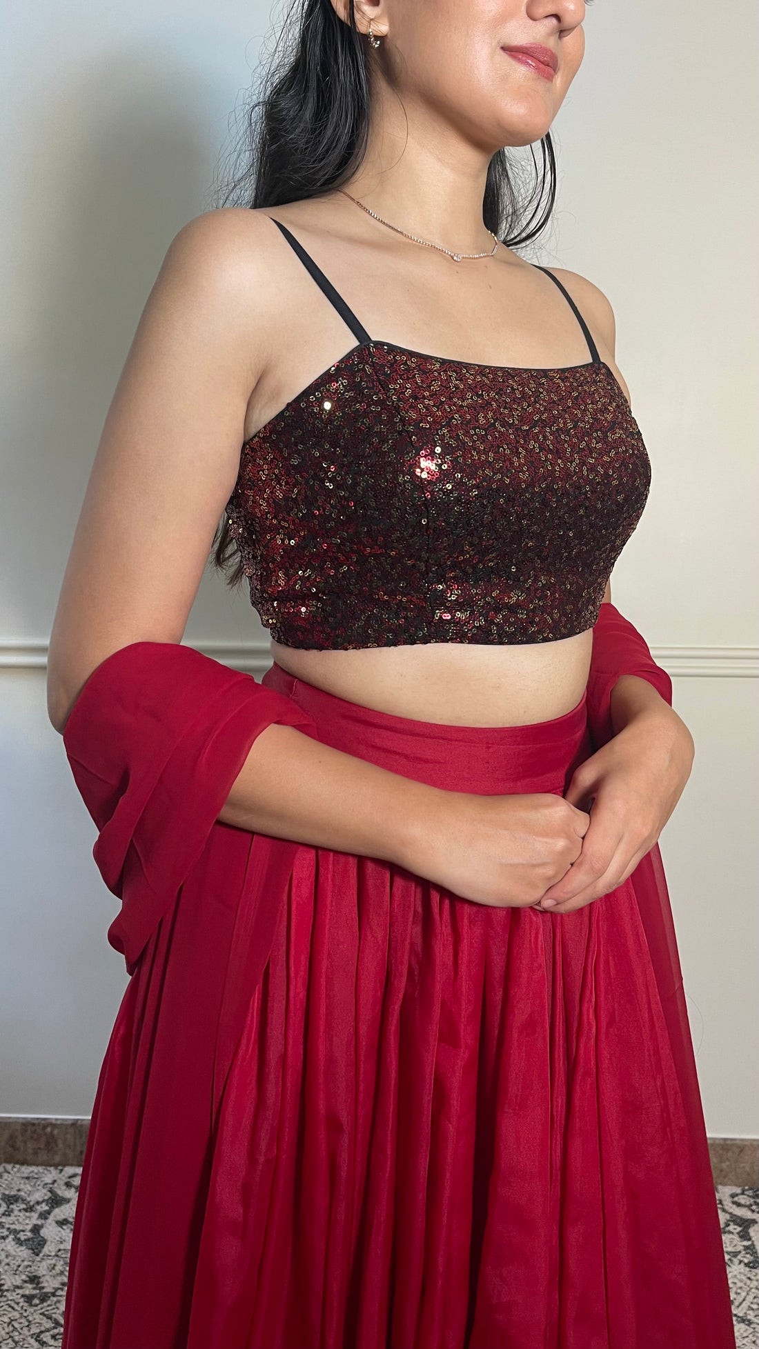 Kesha x Tyohaar Saree Blouse, in Red Sequin, featuring sleeveless, made for party & festive (view 5).