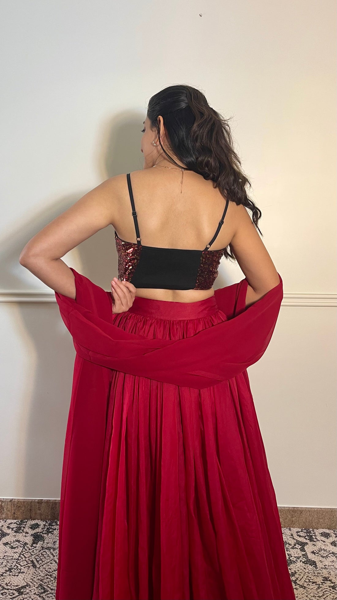 Kesha x Tyohaar Saree Blouse, in Red Sequin, featuring sleeveless, made for party & festive (view 6).