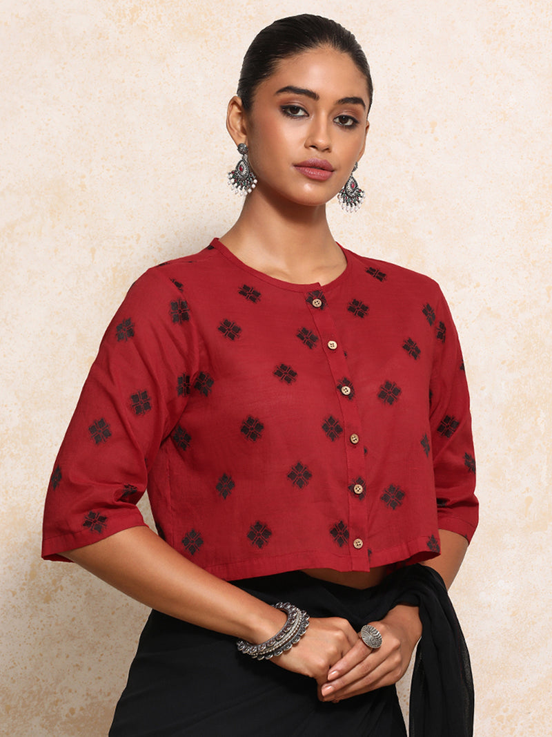 Khushi x Rozaana | Elbow Sleeves Saree Blouse in Red Jacquard Cotton-Binks