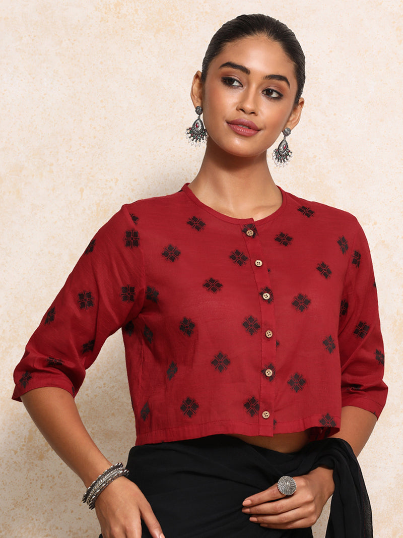 Khushi x Rozaana | Elbow Sleeves Saree Blouse in Red Jacquard Cotton-Binks