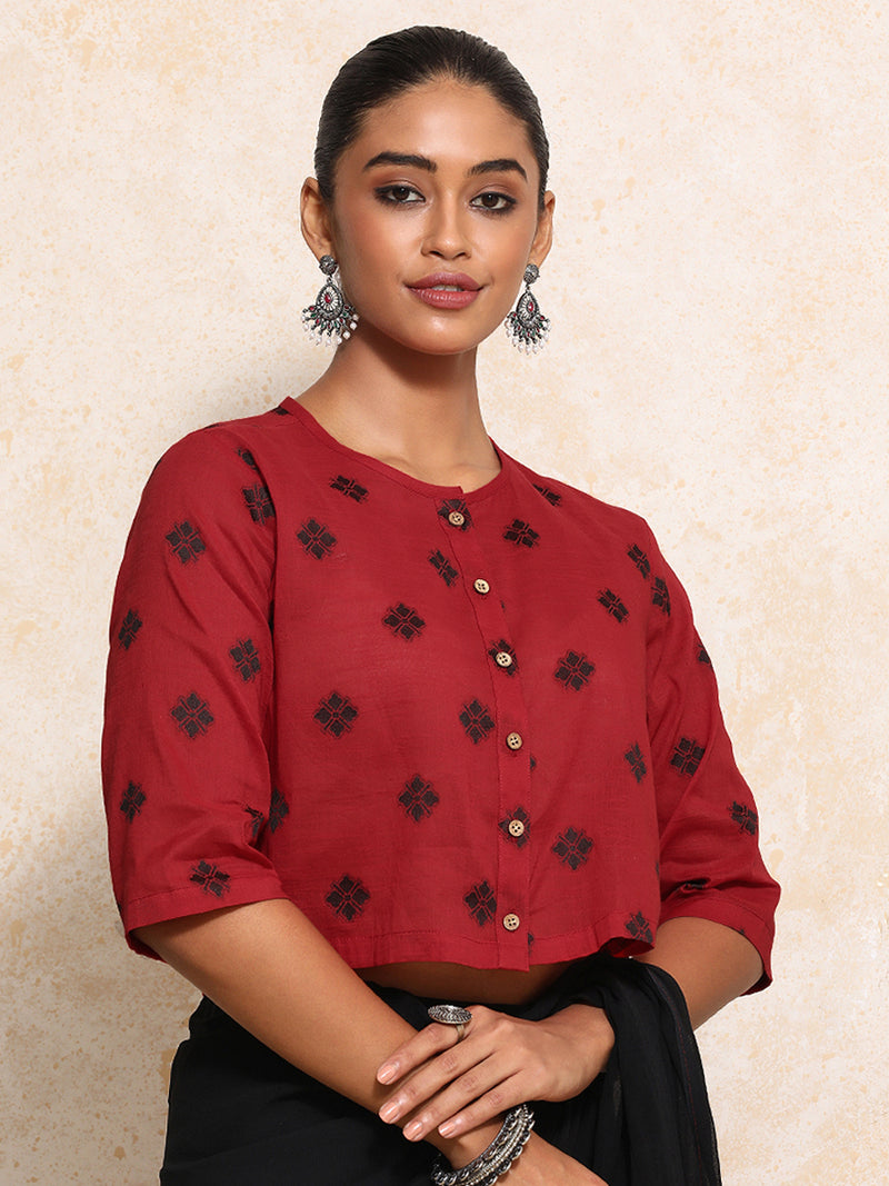 Khushi x Rozaana | Elbow Sleeves Saree Blouse in Red Jacquard Cotton-Binks