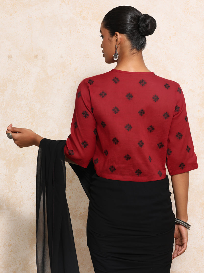 Khushi x Rozaana | Elbow Sleeves Saree Blouse in Red Jacquard Cotton-Binks